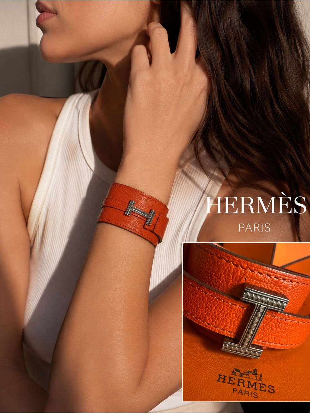 Hermès Artemis Touareg Orange Leather Wide Cuff Bracelet H Hardware Box